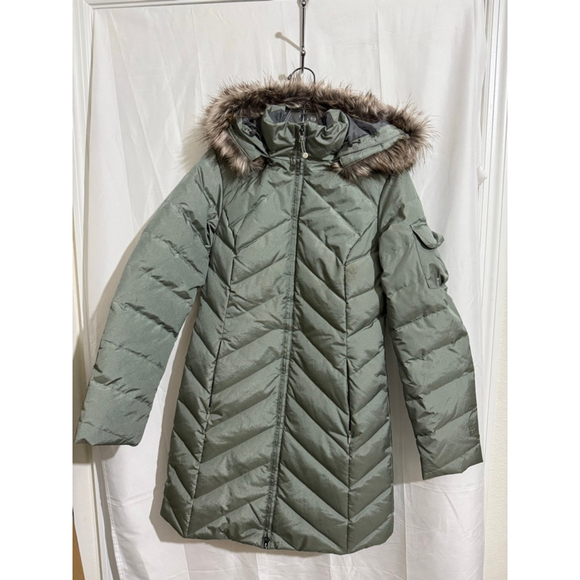 Women's Eddie Bauer Sage Green Down Puffer Coat XS with Faux Fur Hood - Picture 1 of 16